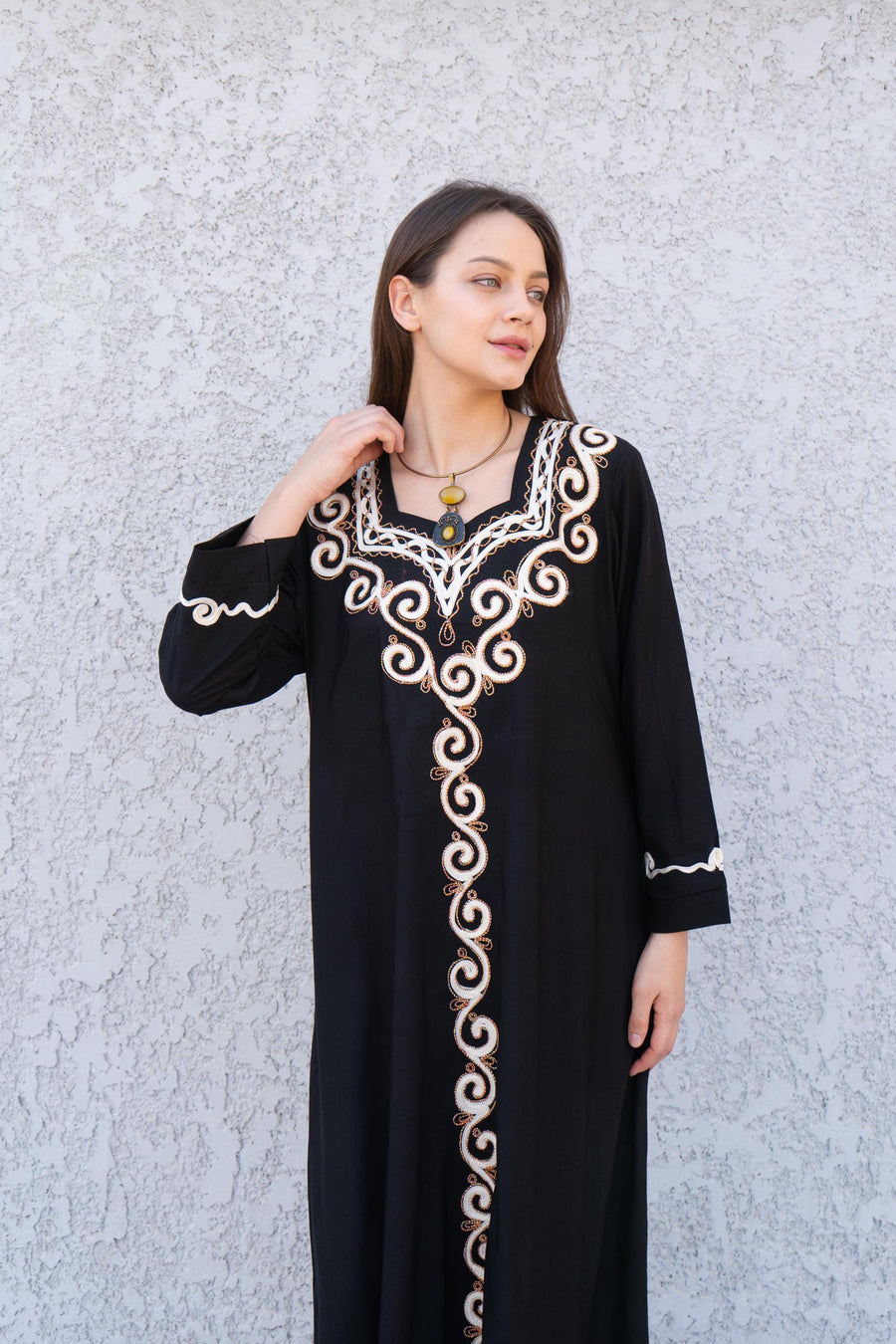 Black embroidered caftan dress, Front and back embroidered Cotton caftan, Chic embroidered caftan, Egyptian cotton caftans for women