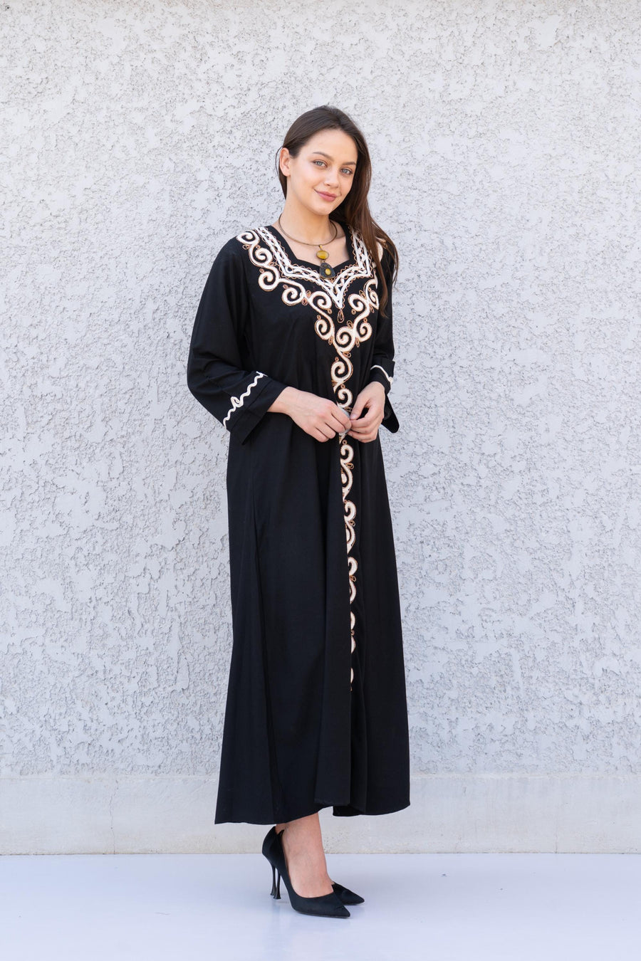 Black embroidered caftan dress, Front and back embroidered Cotton caftan, Chic embroidered caftan, Egyptian cotton caftans for women