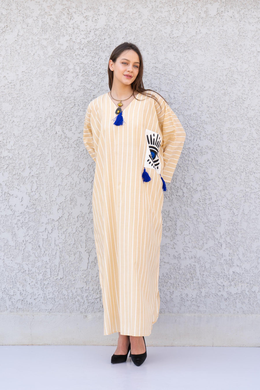 Sequin greek eye Beige linen/poly caftan, chic caftans for women, Summer Kaftan, Summer kaftan, Caftans for women, caftan, kaftan
