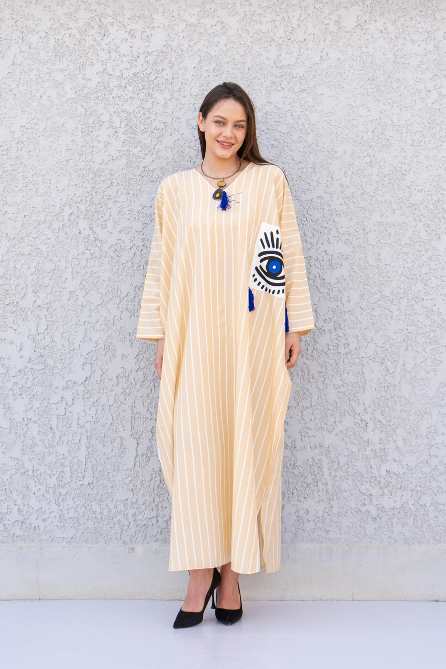 Sequin greek eye Beige linen/poly caftan, chic caftans for women, Summer Kaftan, Summer kaftan, Caftans for women, caftan, kaftan