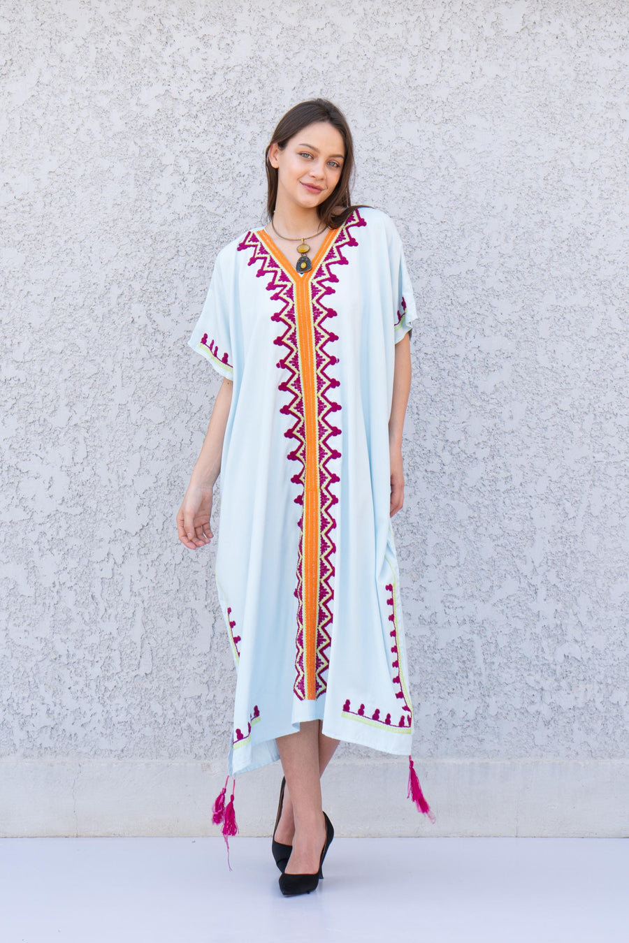 Plus size Turquoise cotton embroidered caftan, Cotton caftan, Plus size Kaftan, Free size Bohemian Caftan, Cotton Kaftan, Exotic Kaftan