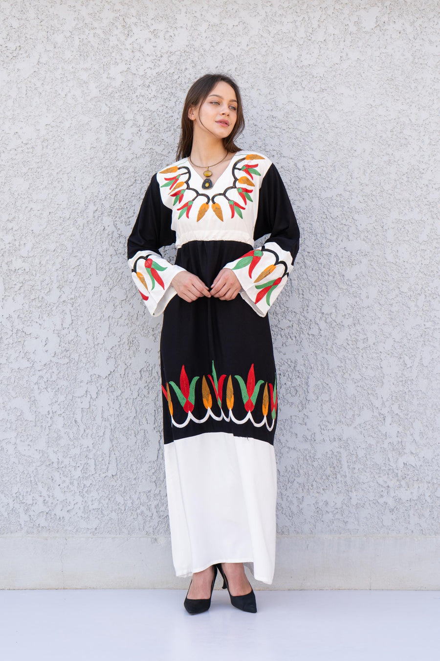 Black Otomi colorful embroidered cotton Caftan, caftan Kaftan maxi dress, embroidered Caftan dress, Caftan maxi dress, Caftans for women