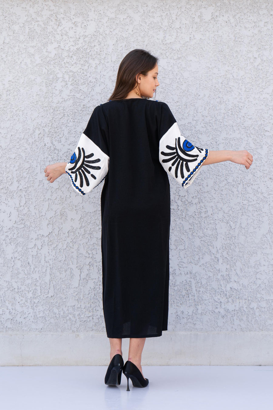 Beautiful greek eye Black linen/poly caftan, chic caftans for women, Summer Kaftan, Summer kaftan, Caftans for women, caftan, kaftan