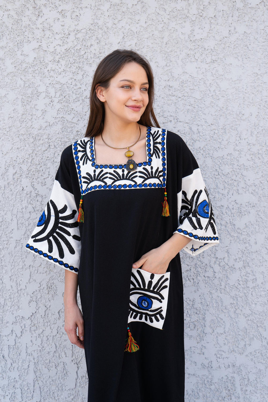 Beautiful greek eye Black linen/poly caftan, chic caftans for women, Summer Kaftan, Summer kaftan, Caftans for women, caftan, kaftan