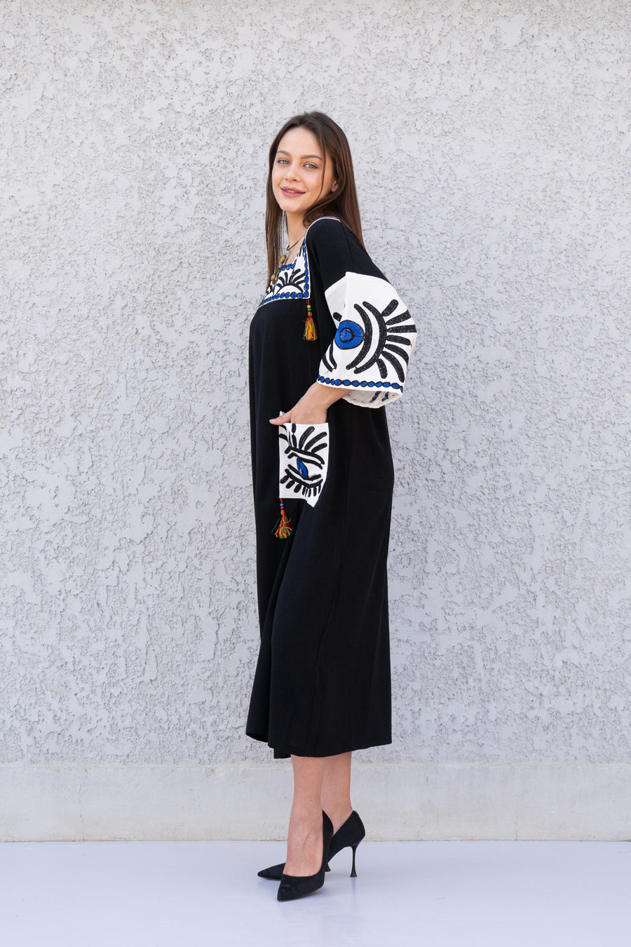 Beautiful greek eye Black linen/poly caftan, chic caftans for women, Summer Kaftan, Summer kaftan, Caftans for women, caftan, kaftan