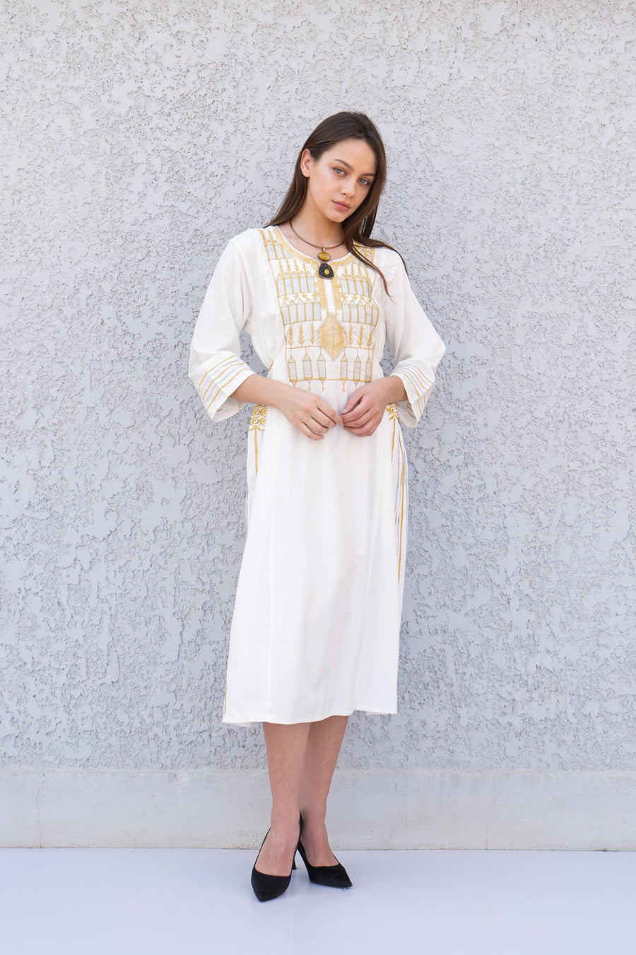 White gold embroidered Tunic dress for women, cotton tunic dress, embroidered tunic kaftan, Egyptian cotton. Summer, casual, home dress