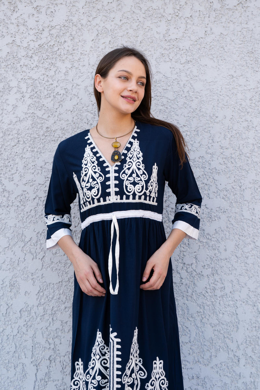 Navy blue Tunic embroidered kaftan, Bohemian embroidery tunic dress, embroidered tunic kaftan, Egyptian cotton. Summer, party, casual dress