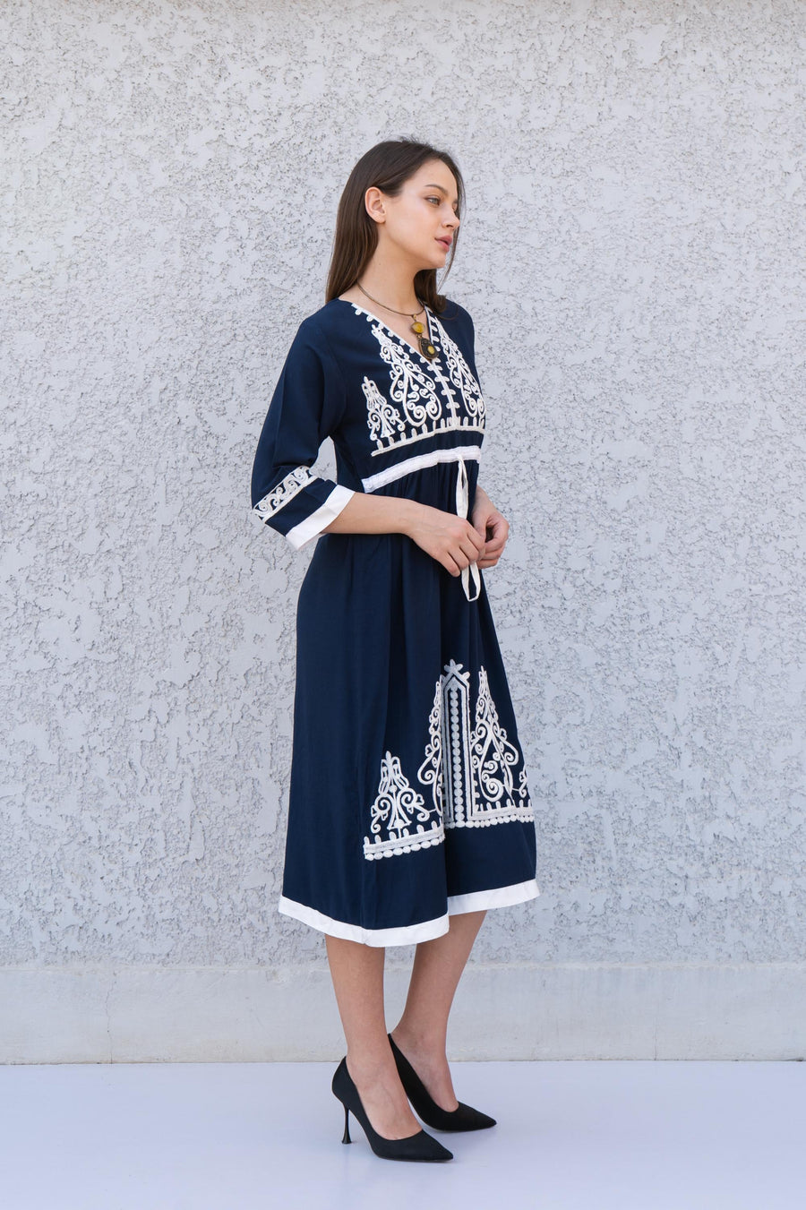 Navy blue Tunic embroidered kaftan, Bohemian embroidery tunic dress, embroidered tunic kaftan, Egyptian cotton. Summer, party, casual dress
