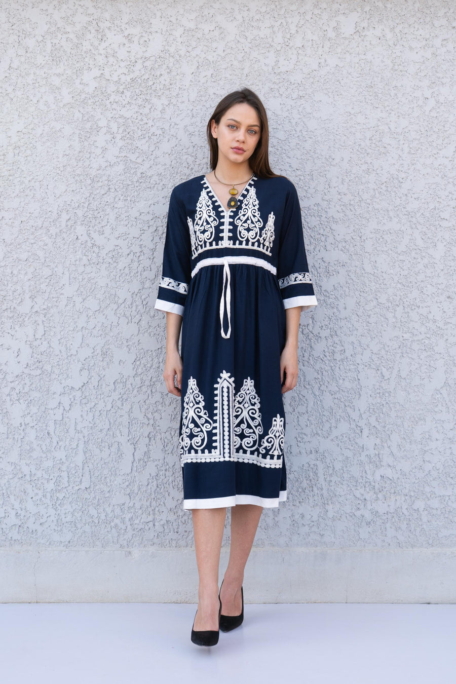 Navy blue Tunic embroidered kaftan, Bohemian embroidery tunic dress, embroidered tunic kaftan, Egyptian cotton. Summer, party, casual dress
