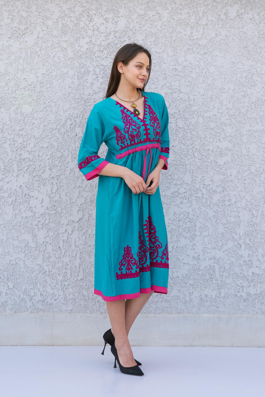 Teal Green Tunic embroidered kaftan, Bohemian embroidery tunic dress, embroidered tunic kaftan, Egyptian cotton. Summer, party, casual