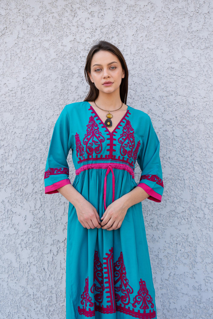 Teal Green Tunic embroidered kaftan, Bohemian embroidery tunic dress, embroidered tunic kaftan, Egyptian cotton. Summer, party, casual