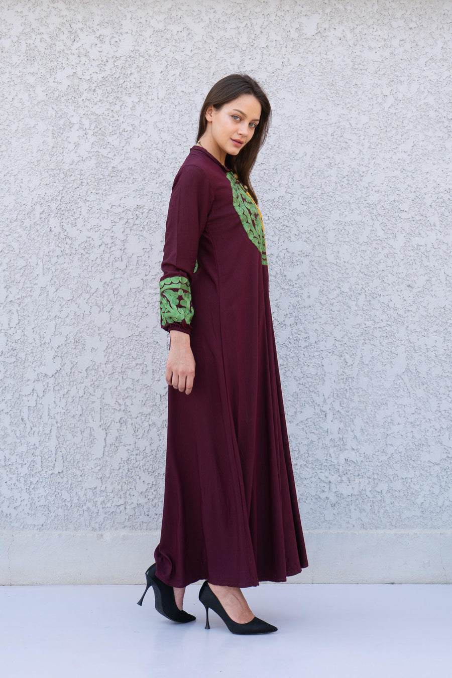 Dark purple embroidered caftan dress, Front and back embroidered Cotton caftan, Chic embroidered caftan, Egyptian cotton caftans for women