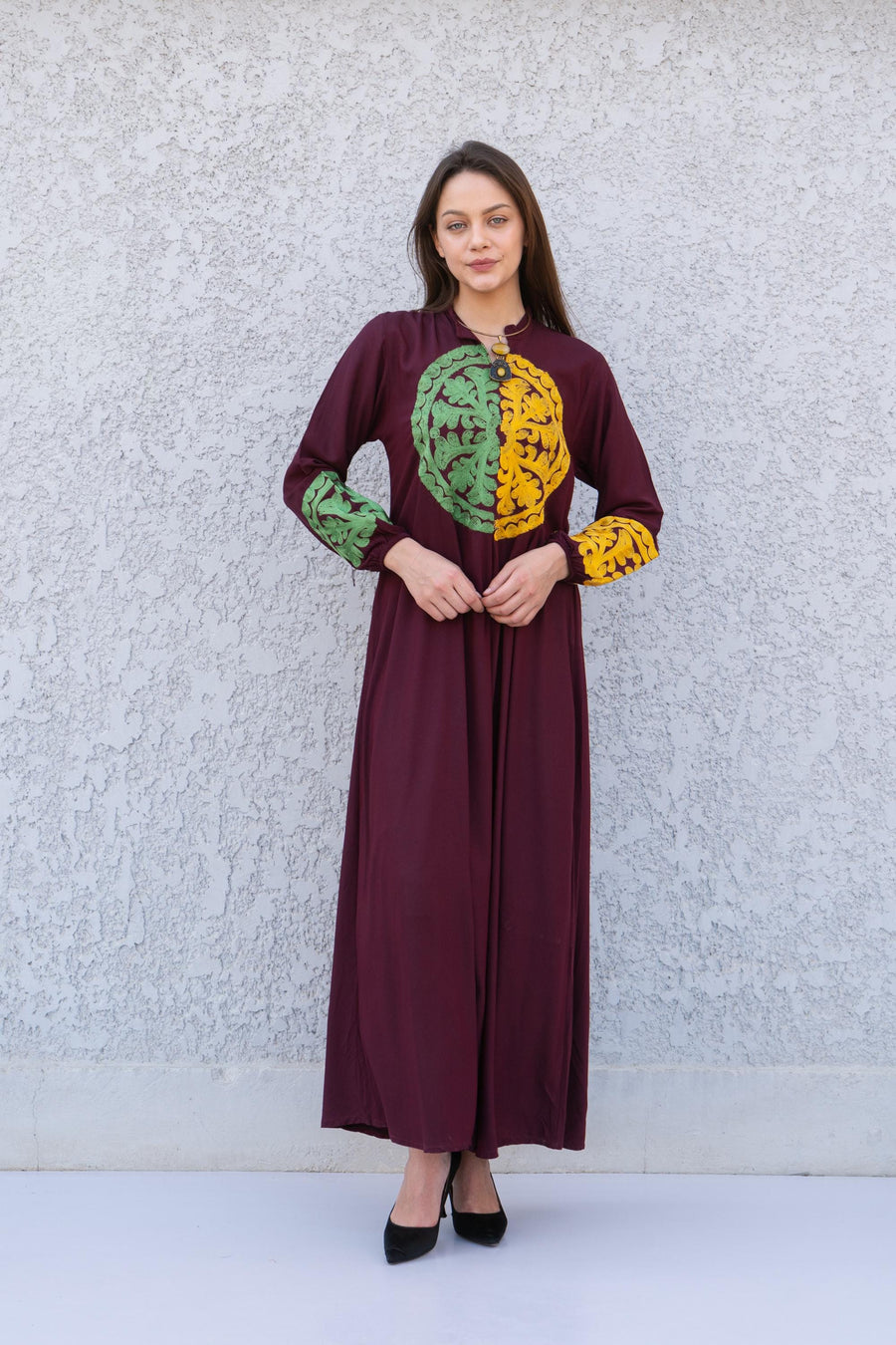 Dark purple embroidered caftan dress, Front and back embroidered Cotton caftan, Chic embroidered caftan, Egyptian cotton caftans for women