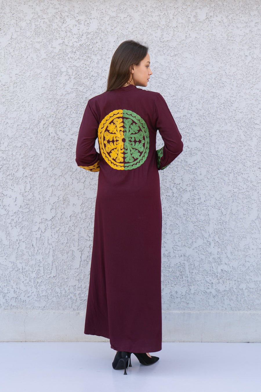 Dark purple embroidered caftan dress, Front and back embroidered Cotton caftan, Chic embroidered caftan, Egyptian cotton caftans for women