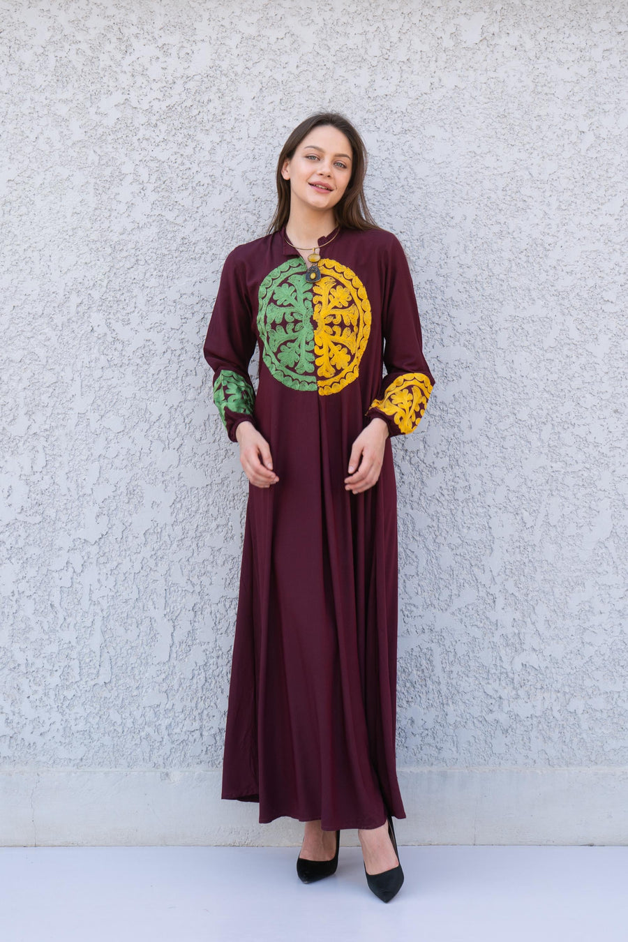Dark purple embroidered caftan dress, Front and back embroidered Cotton caftan, Chic embroidered caftan, Egyptian cotton caftans for women