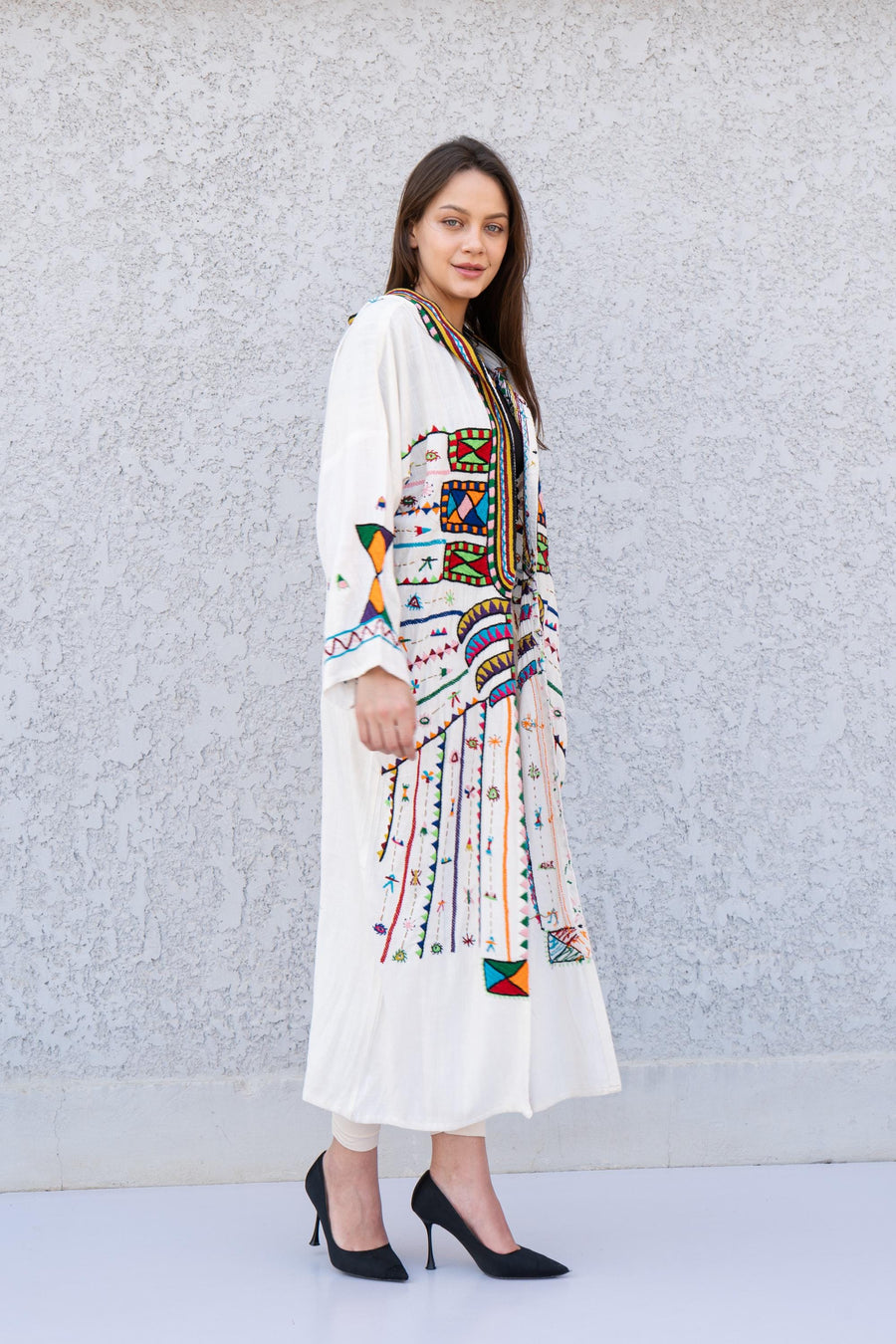 Siwa hand embroidered Line Kimono, Unique one of a kind Linen Kimono, Bohemian Kimono, Kimonos, Boho Kimono, Oversized cotton Kimono