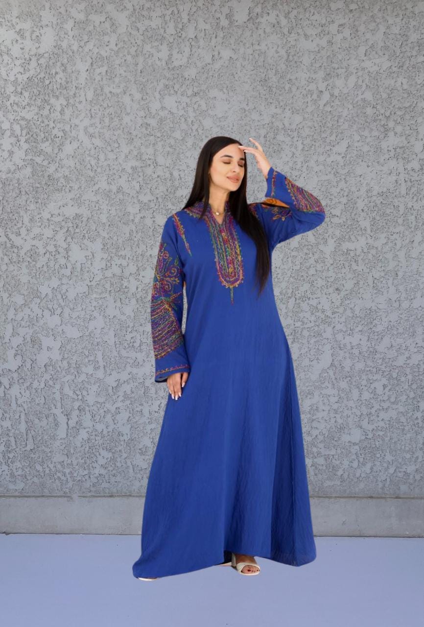 Chic blue flared sleeves hand embroidered Caftan, caftans for women, Kaftans, embroidered Caftan dress, Caftan maxi dress