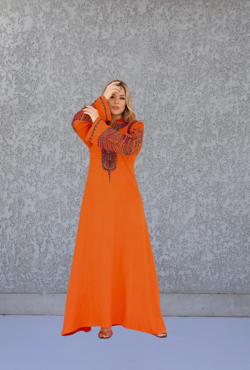 Chic orange flared sleeves hand embroidered Caftan, caftans for women, Kaftans, embroidered Caftan dress, Caftan maxi dress