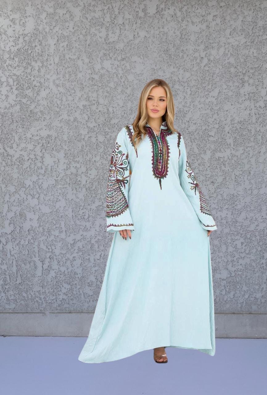 Chic Turquoise flared sleeves hand embroidered Caftan, caftans for women, Kaftans, embroidered Caftan dress, Caftan maxi dress