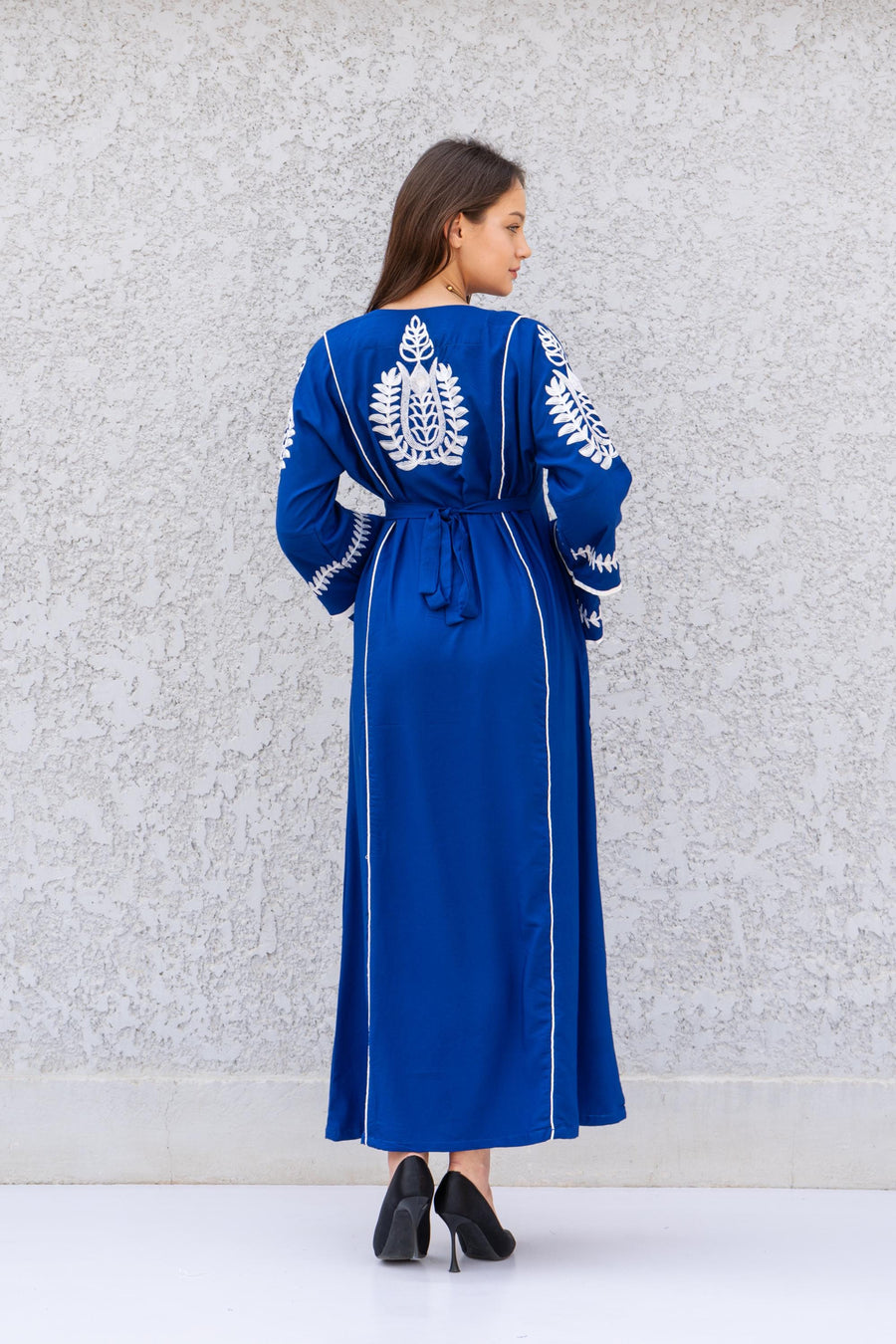 Elegant Royal blue embroidered kaftan dress, Cotton caftan women, Long sleeve caftan, Chic embroidered caftan, High quality Egyptian cotton