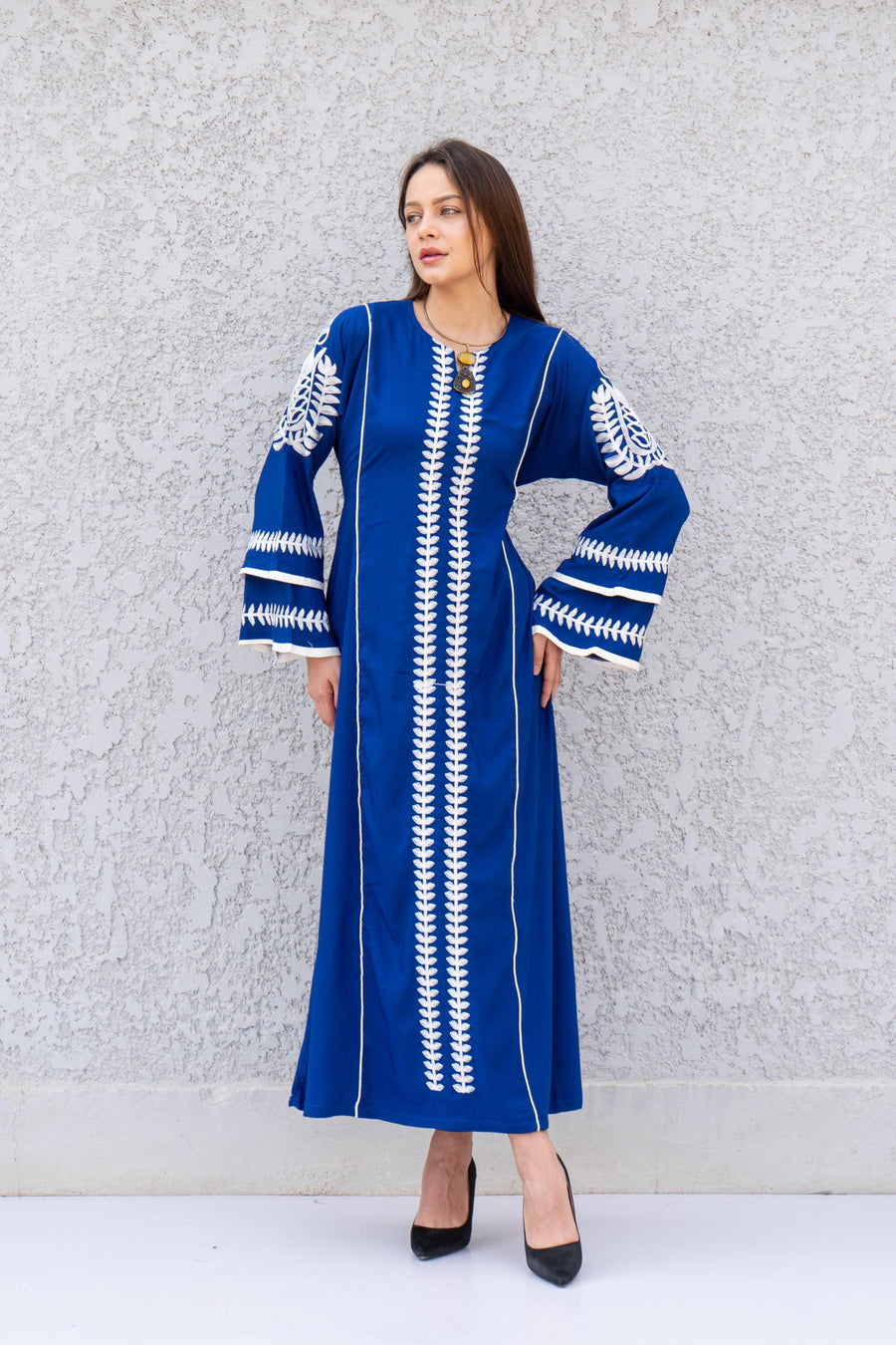 Elegant Royal blue embroidered kaftan dress, Cotton caftan women, Long sleeve caftan, Chic embroidered caftan, High quality Egyptian cotton