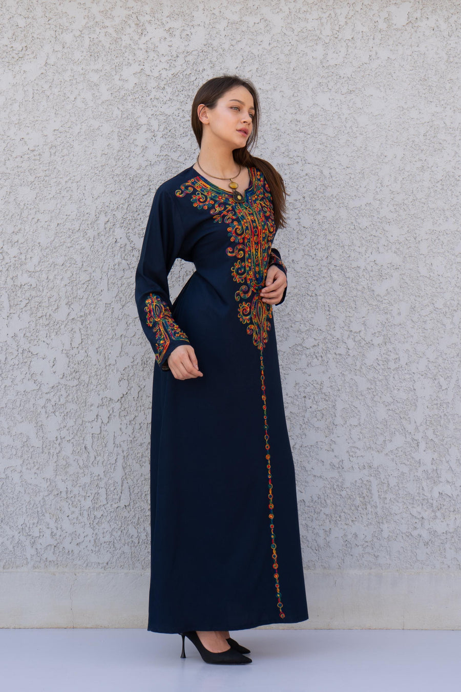 Black embroidered caftan dress, Front and back embroidered Cotton caftan, Chic embroidered caftan, Egyptian cotton caftans for women