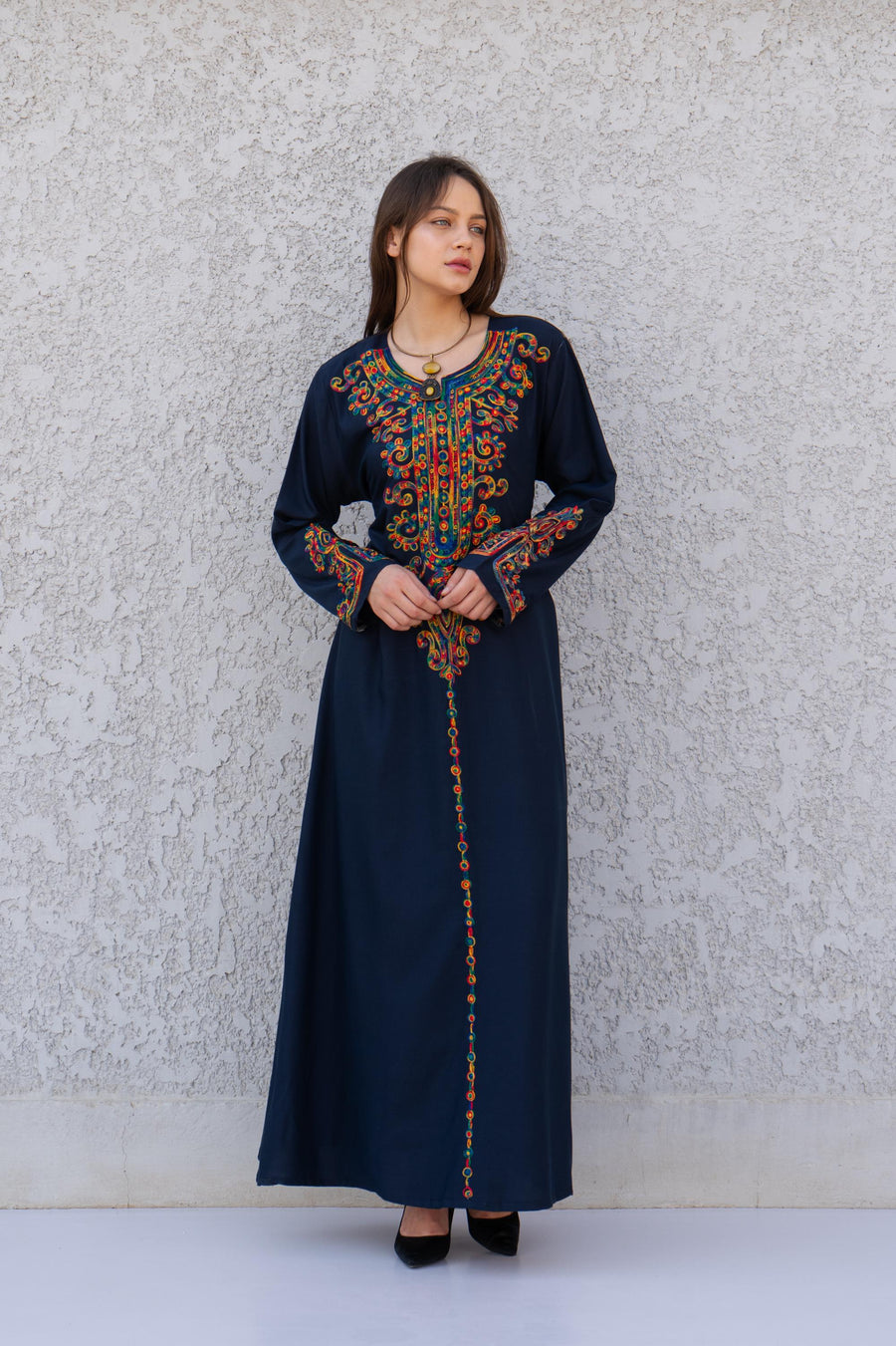 Black embroidered caftan dress, Front and back embroidered Cotton caftan, Chic embroidered caftan, Egyptian cotton caftans for women