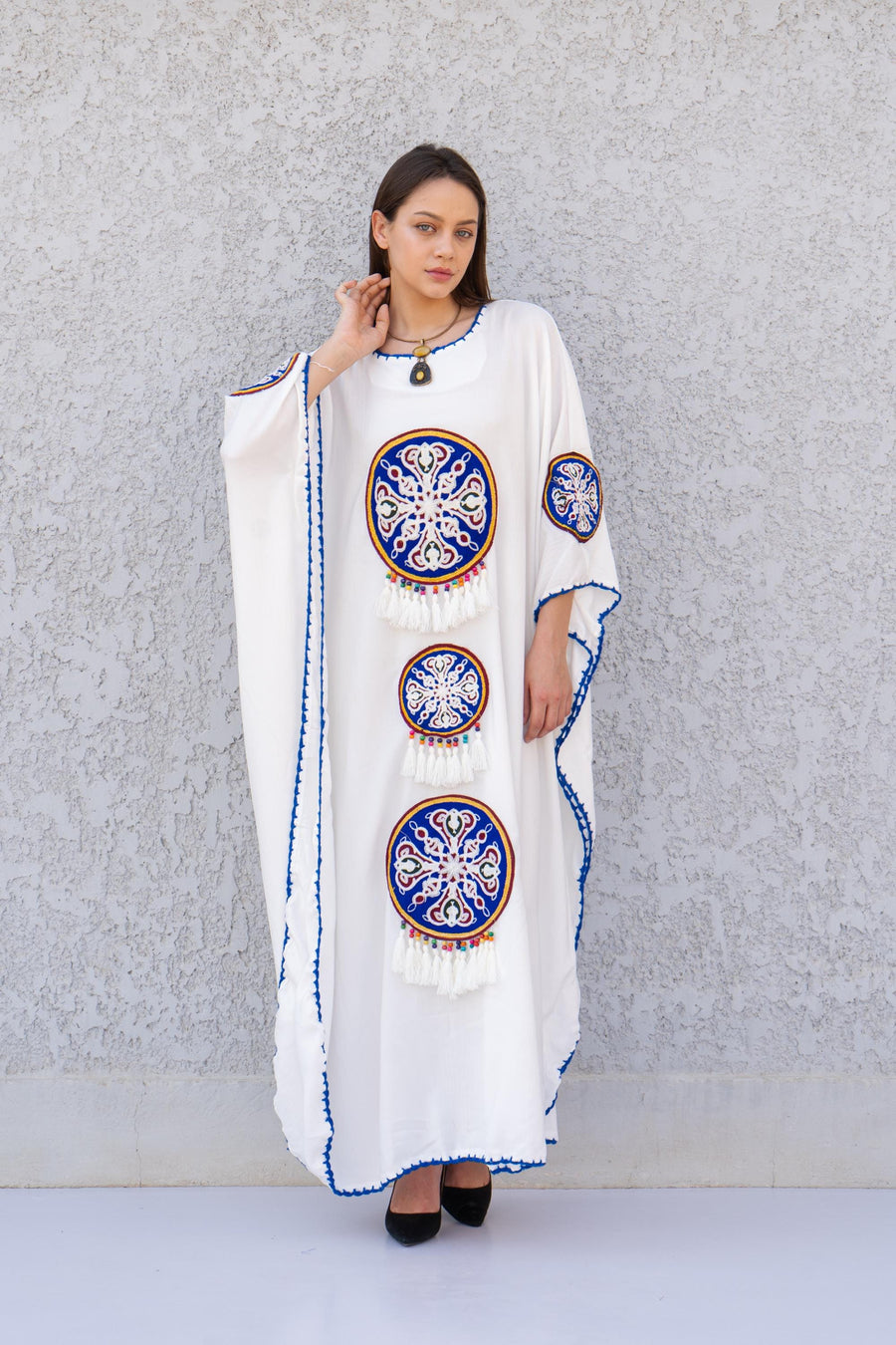 Elegant striped linen Green hand embroidered Caftan for women, Linen Kaftan, house dress, Elegant kaftan, Egyptian cotton.