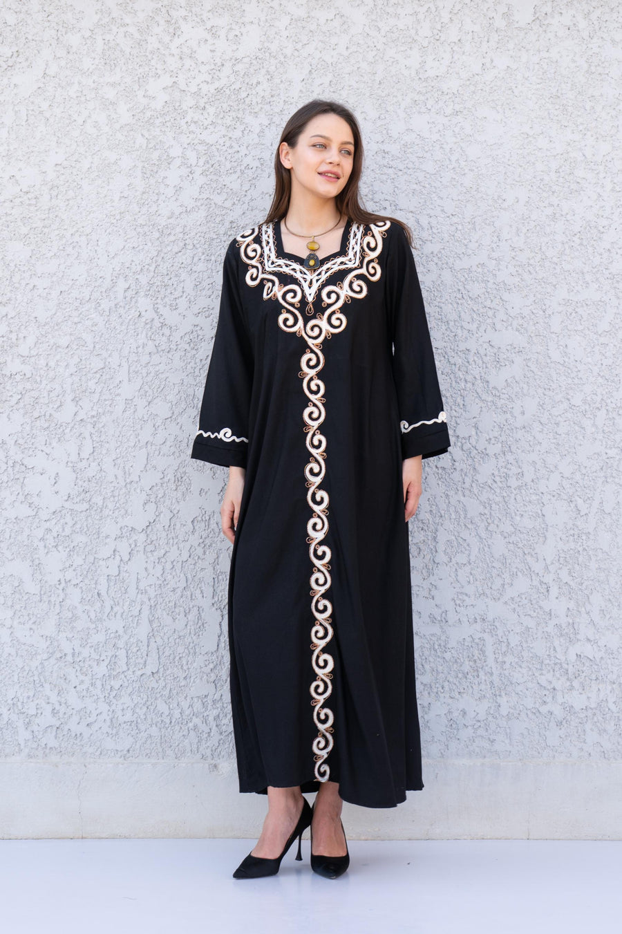 Black embroidered caftan dress, Front and back embroidered Cotton caftan, Chic embroidered caftan, Egyptian cotton caftans for women