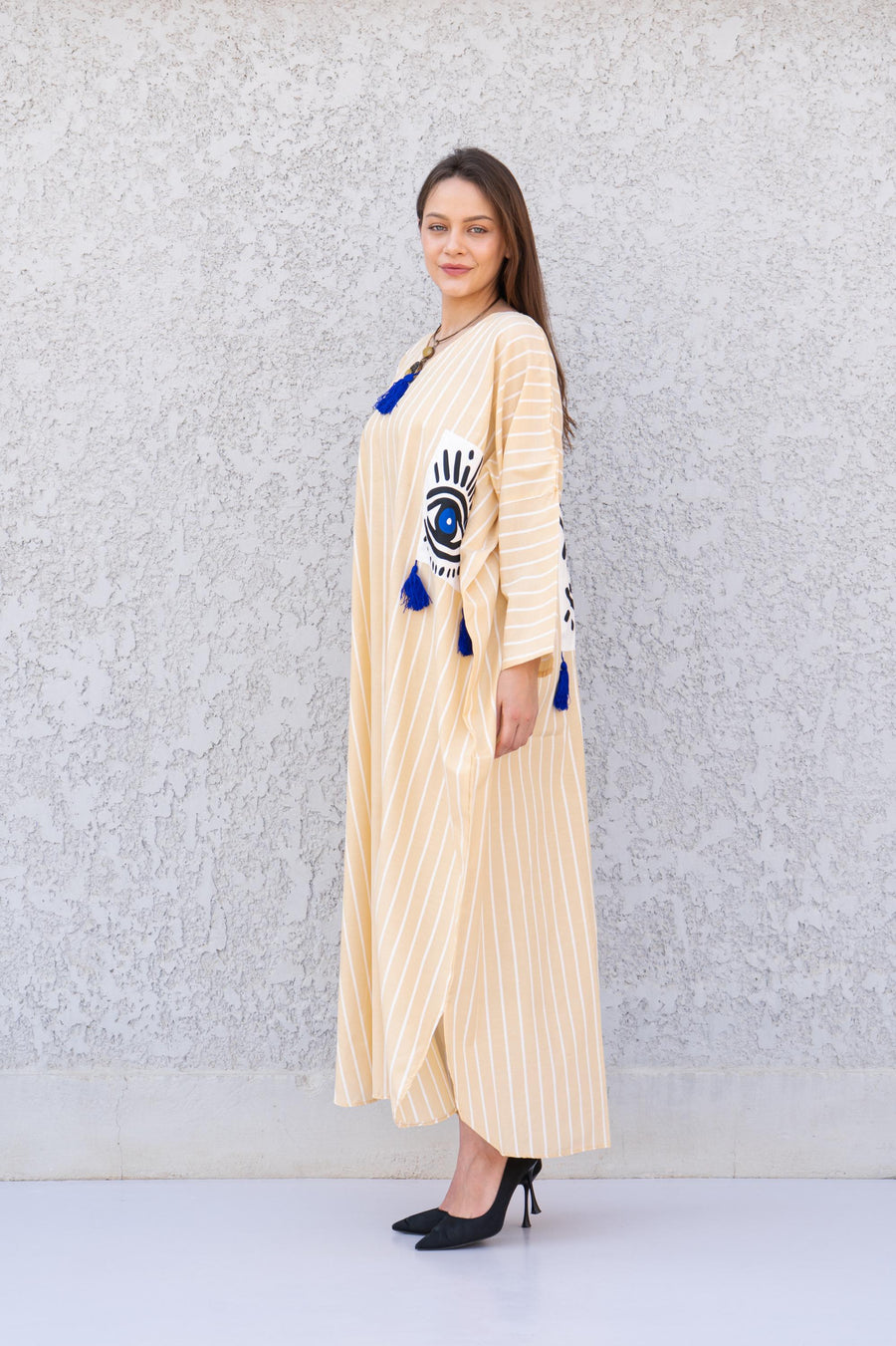 Sequin greek eye Beige linen/poly caftan, chic caftans for women, Summer Kaftan, Summer kaftan, Caftans for women, caftan, kaftan