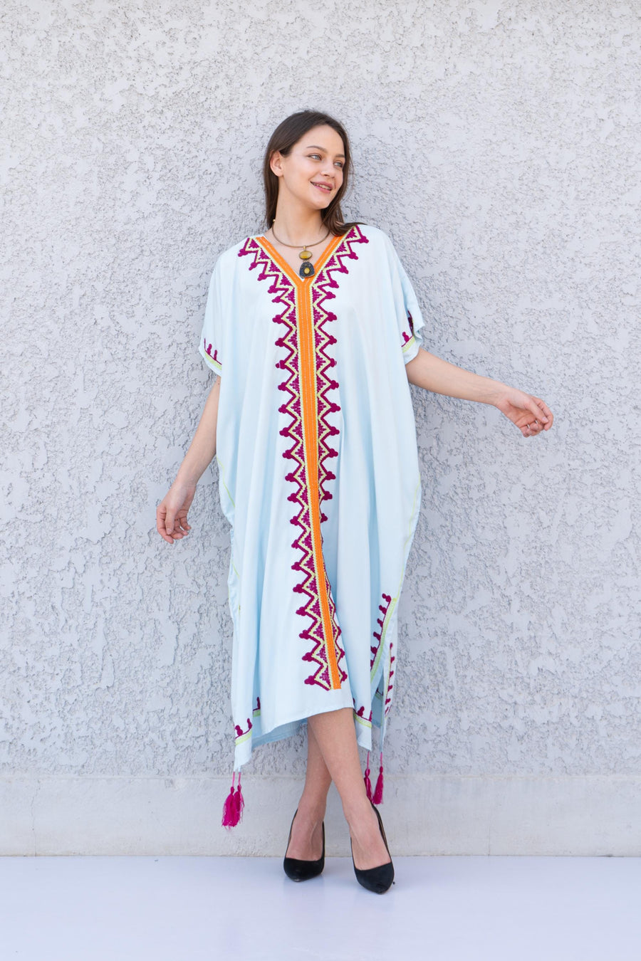 Plus size Turquoise cotton embroidered caftan, Cotton caftan, Plus size Kaftan, Free size Bohemian Caftan, Cotton Kaftan, Exotic Kaftan