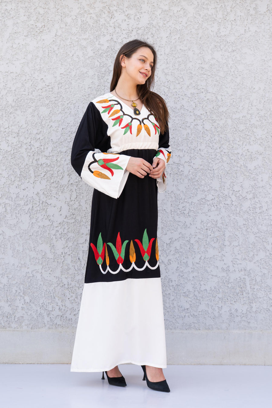 Black Otomi colorful embroidered cotton Caftan, caftan Kaftan maxi dress, embroidered Caftan dress, Caftan maxi dress, Caftans for women
