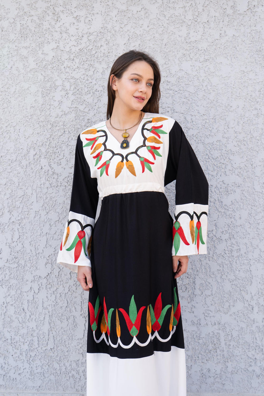 Black Otomi colorful embroidered cotton Caftan, caftan Kaftan maxi dress, embroidered Caftan dress, Caftan maxi dress, Caftans for women