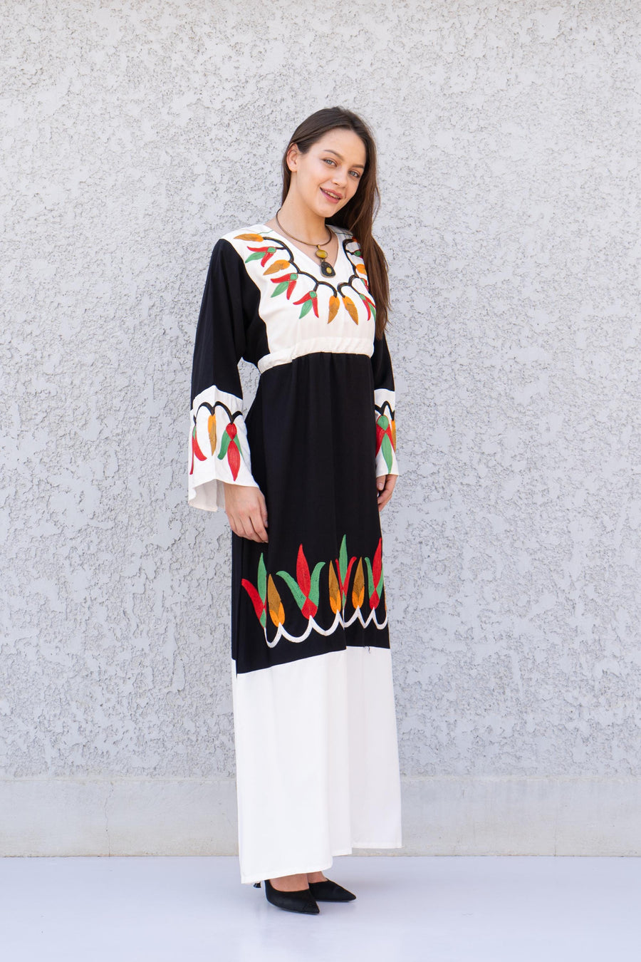 Black Otomi colorful embroidered cotton Caftan, caftan Kaftan maxi dress, embroidered Caftan dress, Caftan maxi dress, Caftans for women
