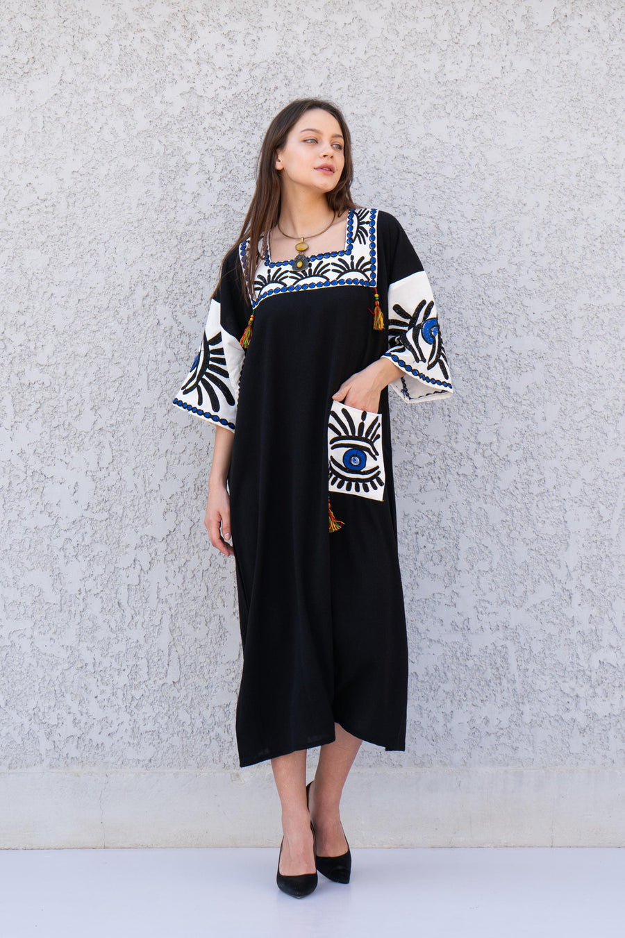 Beautiful greek eye Black linen/poly caftan, chic caftans for women, Summer Kaftan, Summer kaftan, Caftans for women, caftan, kaftan