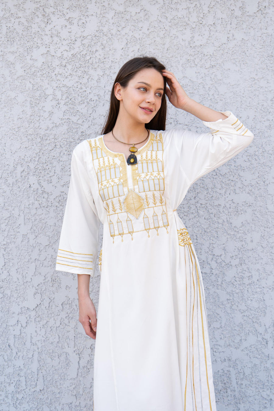 White gold embroidered Tunic dress for women, cotton tunic dress, embroidered tunic kaftan, Egyptian cotton. Summer, casual, home dress