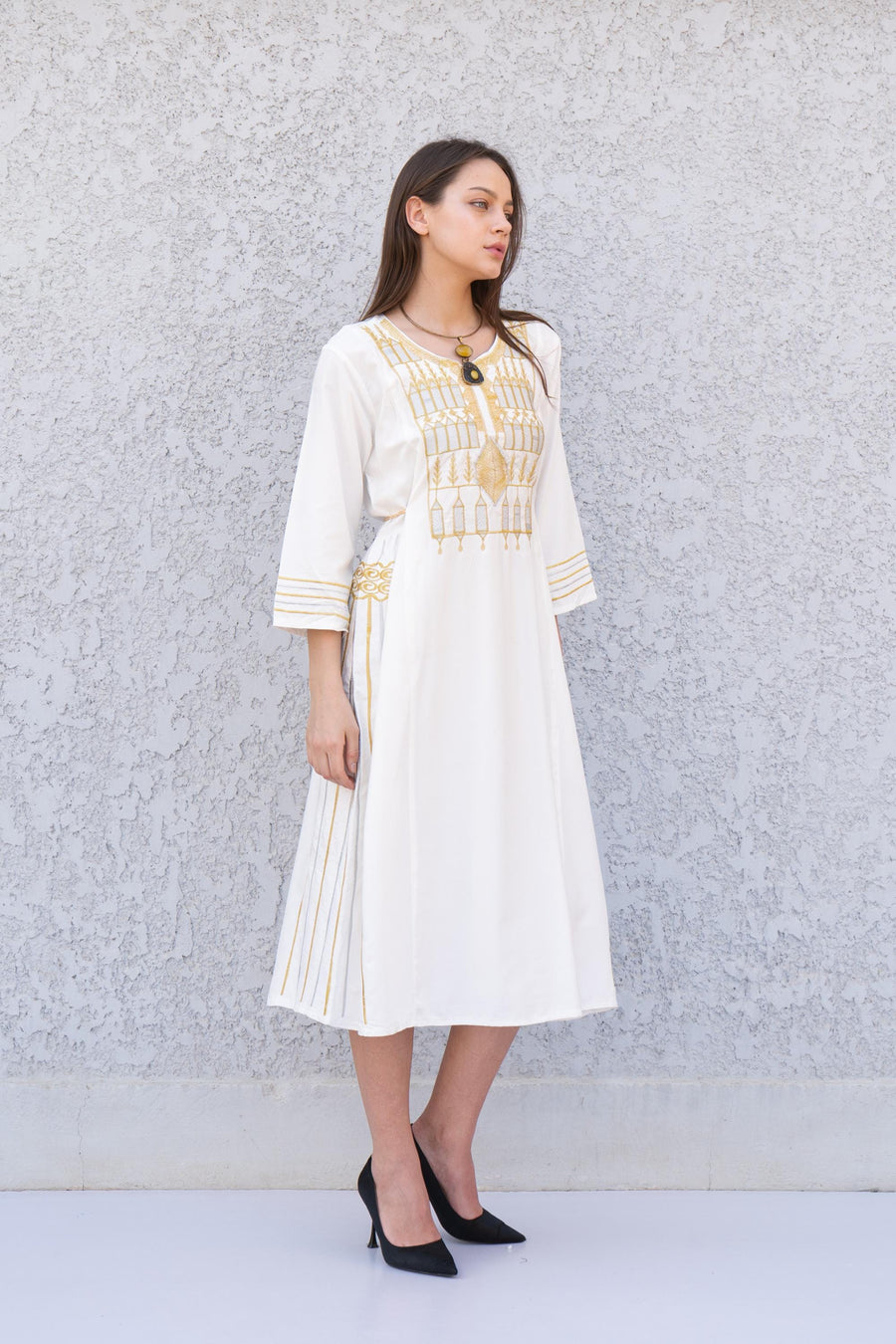 White gold embroidered Tunic dress for women, cotton tunic dress, embroidered tunic kaftan, Egyptian cotton. Summer, casual, home dress