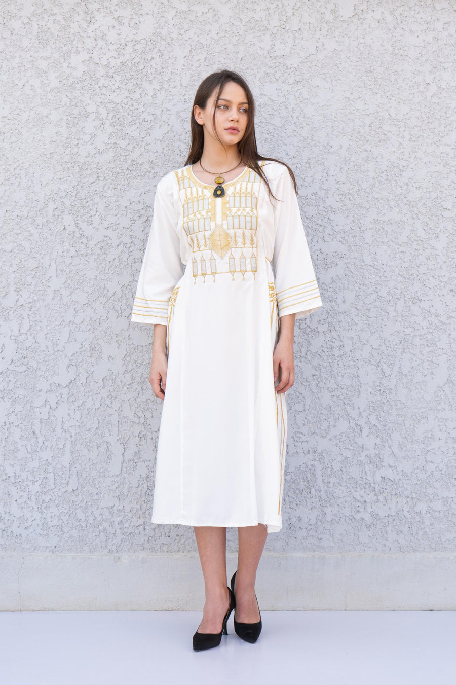 White gold embroidered Tunic dress for women, cotton tunic dress, embroidered tunic kaftan, Egyptian cotton. Summer, casual, home dress