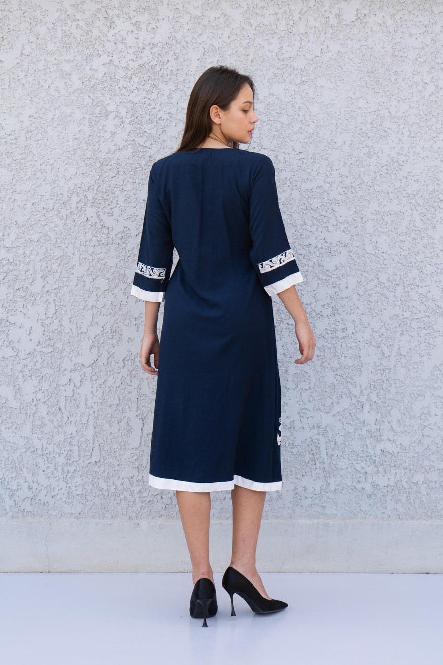 Navy blue Tunic embroidered kaftan, Bohemian embroidery tunic dress, embroidered tunic kaftan, Egyptian cotton. Summer, party, casual dress