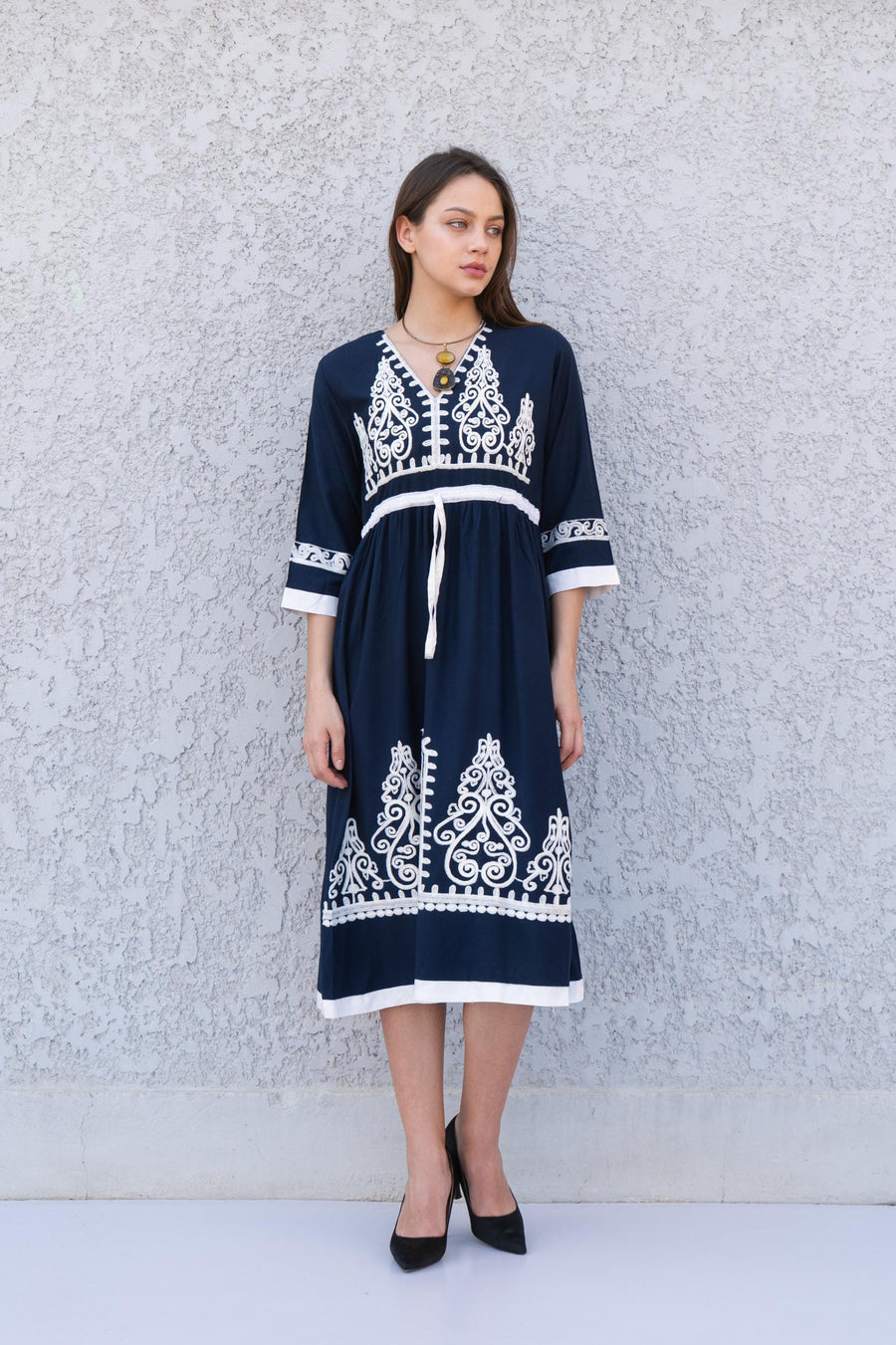 Navy blue Tunic embroidered kaftan, Bohemian embroidery tunic dress, embroidered tunic kaftan, Egyptian cotton. Summer, party, casual dress