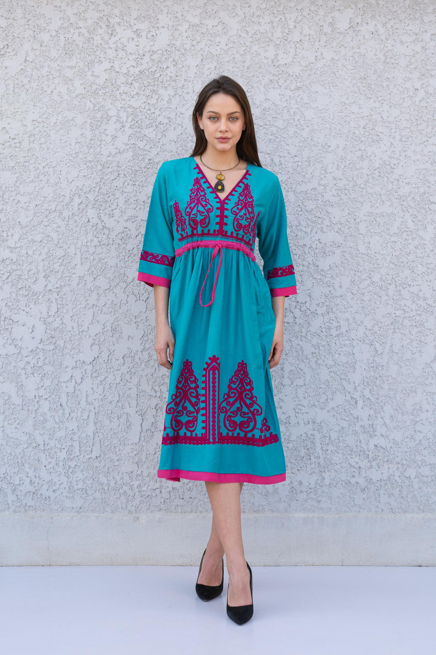 Teal Green Tunic embroidered kaftan, Bohemian embroidery tunic dress, embroidered tunic kaftan, Egyptian cotton. Summer, party, casual