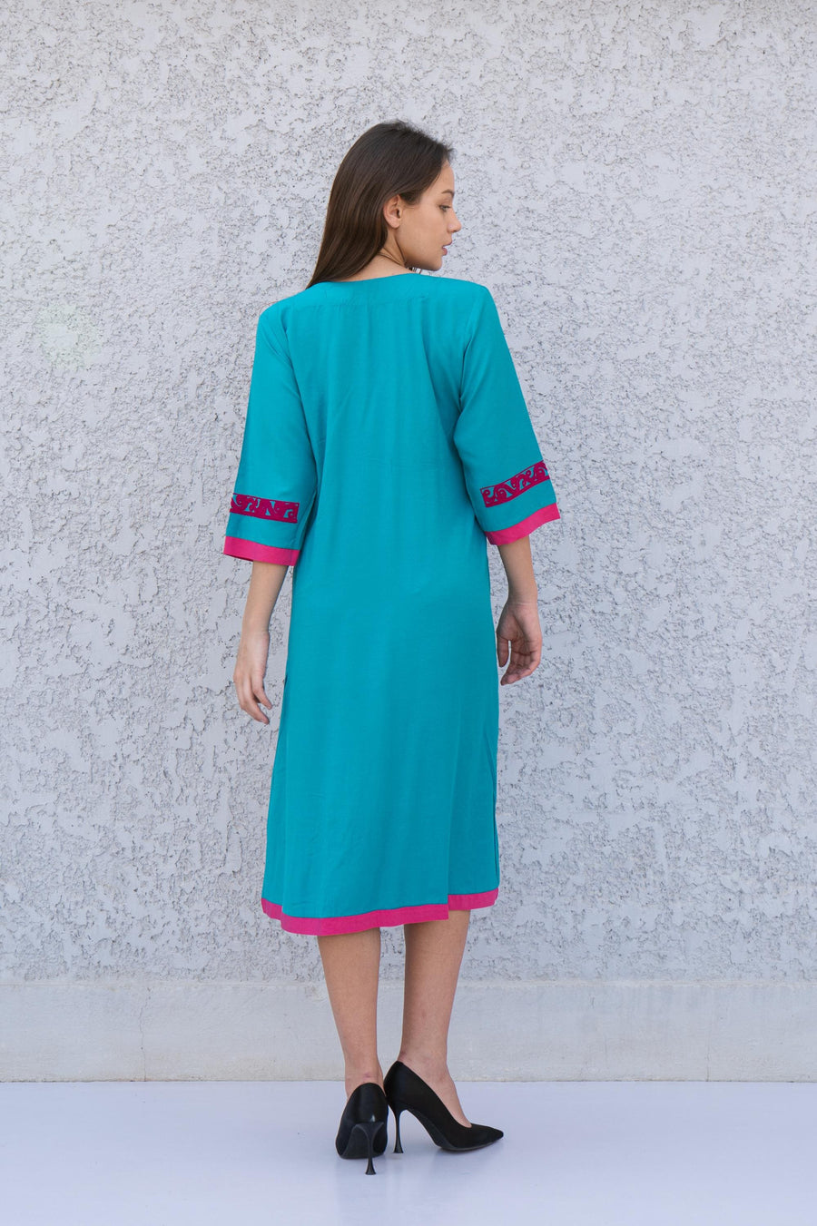 Teal Green Tunic embroidered kaftan, Bohemian embroidery tunic dress, embroidered tunic kaftan, Egyptian cotton. Summer, party, casual