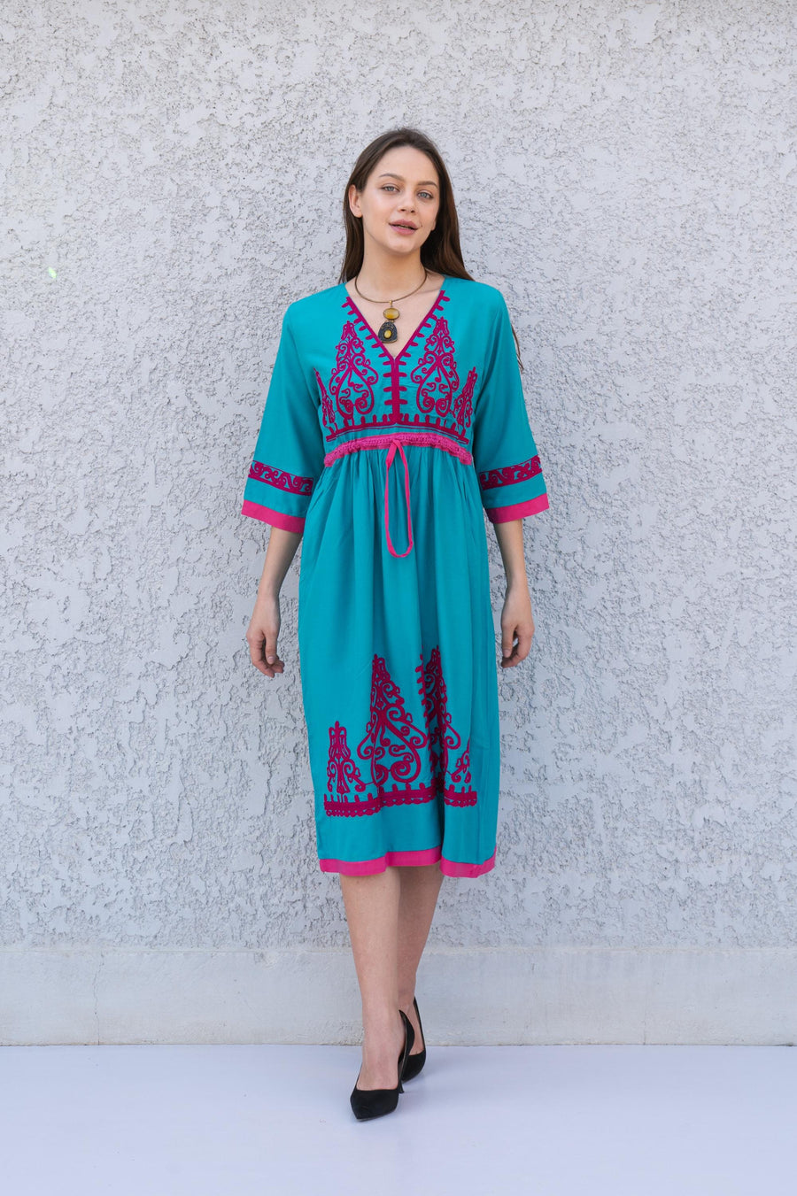 Teal Green Tunic embroidered kaftan, Bohemian embroidery tunic dress, embroidered tunic kaftan, Egyptian cotton. Summer, party, casual