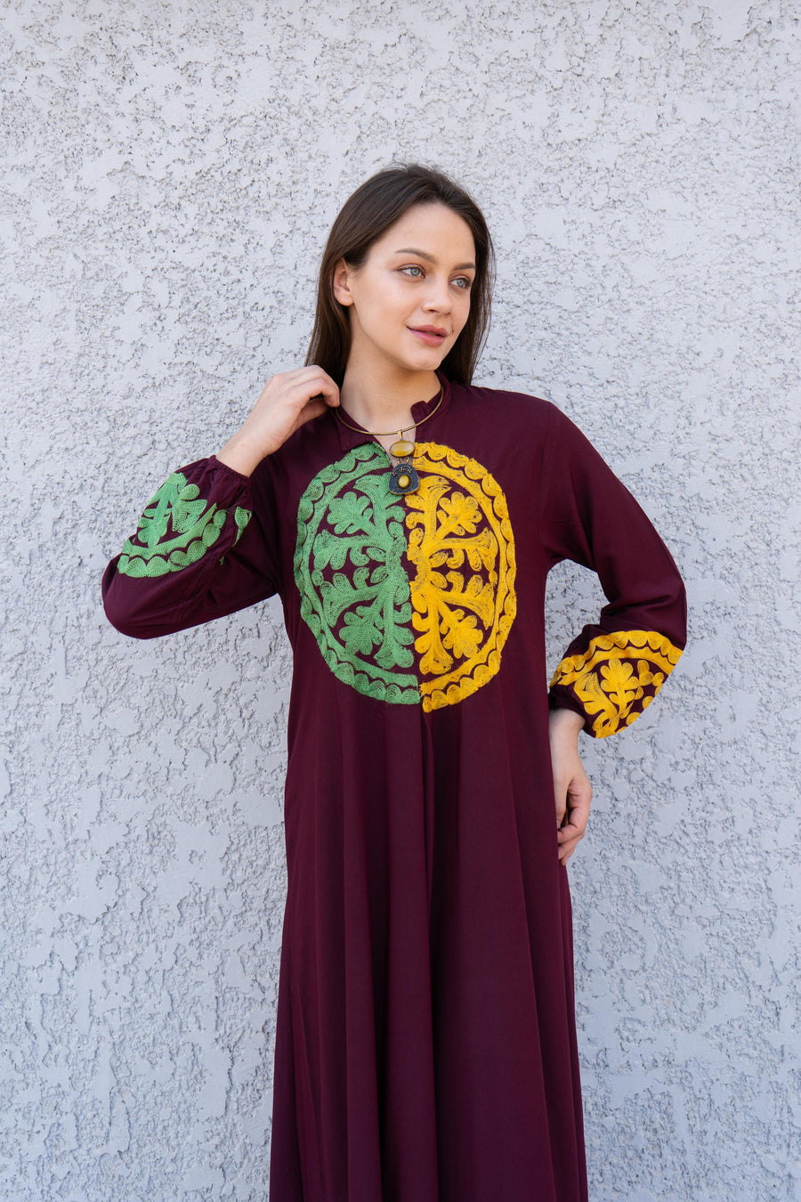 Dark purple embroidered caftan dress, Front and back embroidered Cotton caftan, Chic embroidered caftan, Egyptian cotton caftans for women