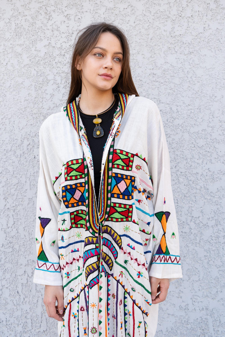 Siwa hand embroidered Line Kimono, Unique one of a kind Linen Kimono, Bohemian Kimono, Kimonos, Boho Kimono, Oversized cotton Kimono