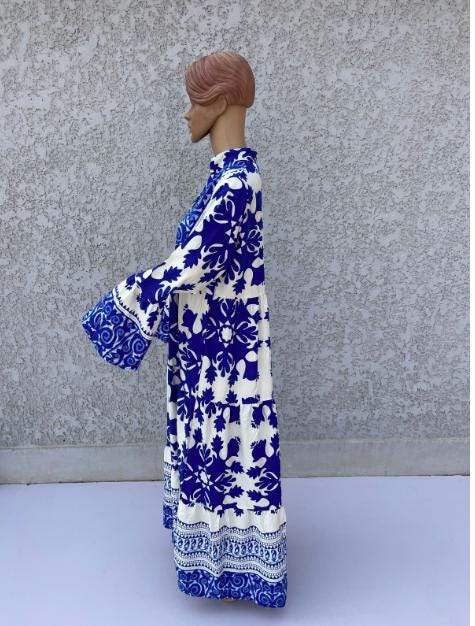 azr Navy Blue Flared sleeves print Summer Kaftan, Caftan, caftans for women, Boho Kaftan dress, Caftans for women, summer kaftans, women