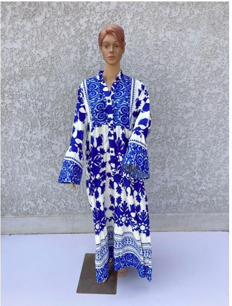 azr Navy Blue Flared sleeves print Summer Kaftan, Caftan, caftans for women, Boho Kaftan dress, Caftans for women, summer kaftans, women