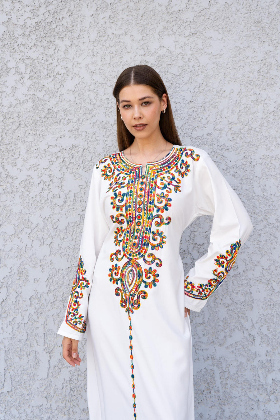 White embroidered caftan dress, embroidered Cotton caftan, Chic embroidered caftan, Egyptian cotton caftans for women