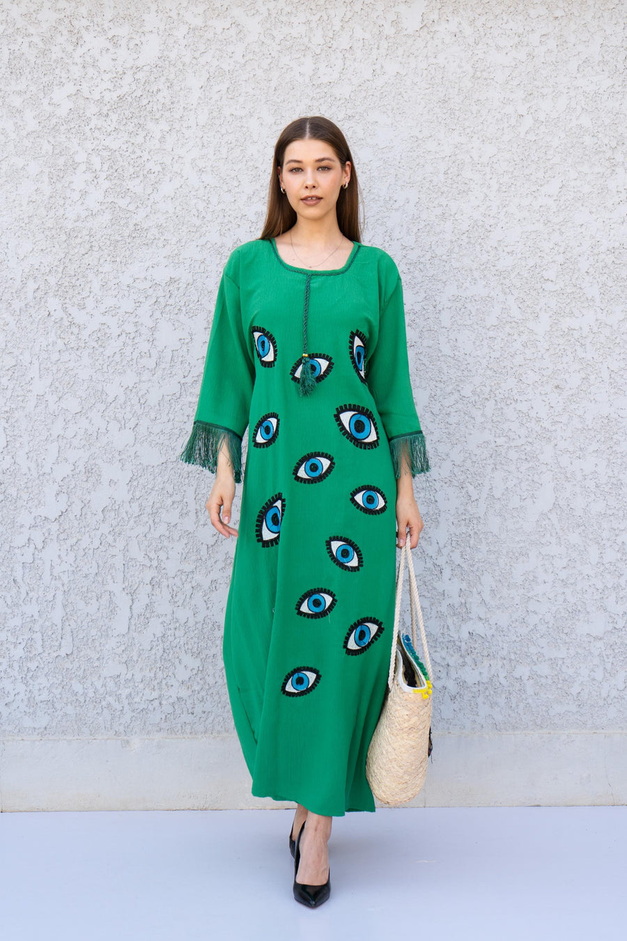 Green Evil Eye Kaftan Dress – Embroidered Caftan for Women – Boho Maxi Kaftan – Evil Eye Dress – Modest Resort Wear – Half Sleeve Caftans