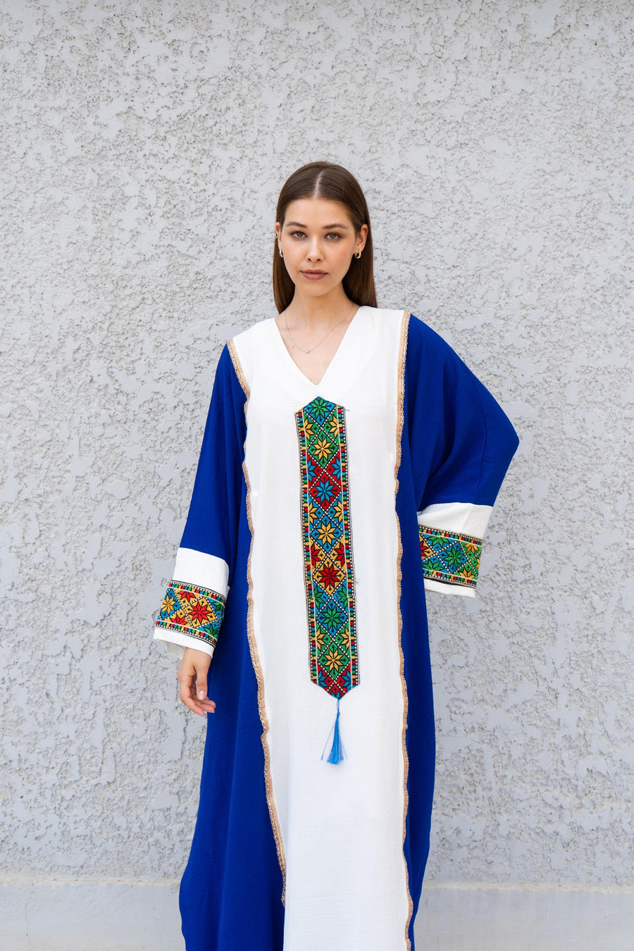 Ethnic Blue and White Embroidered Kaftan – Palestinian Style Caftan for Women – Colorful Boho Caftan Dress – Traditional Ethnic Wear Caftan